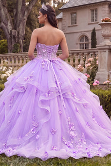 Strapless Long Floral Princess Lilac Corset Prom Dress with Ruffles