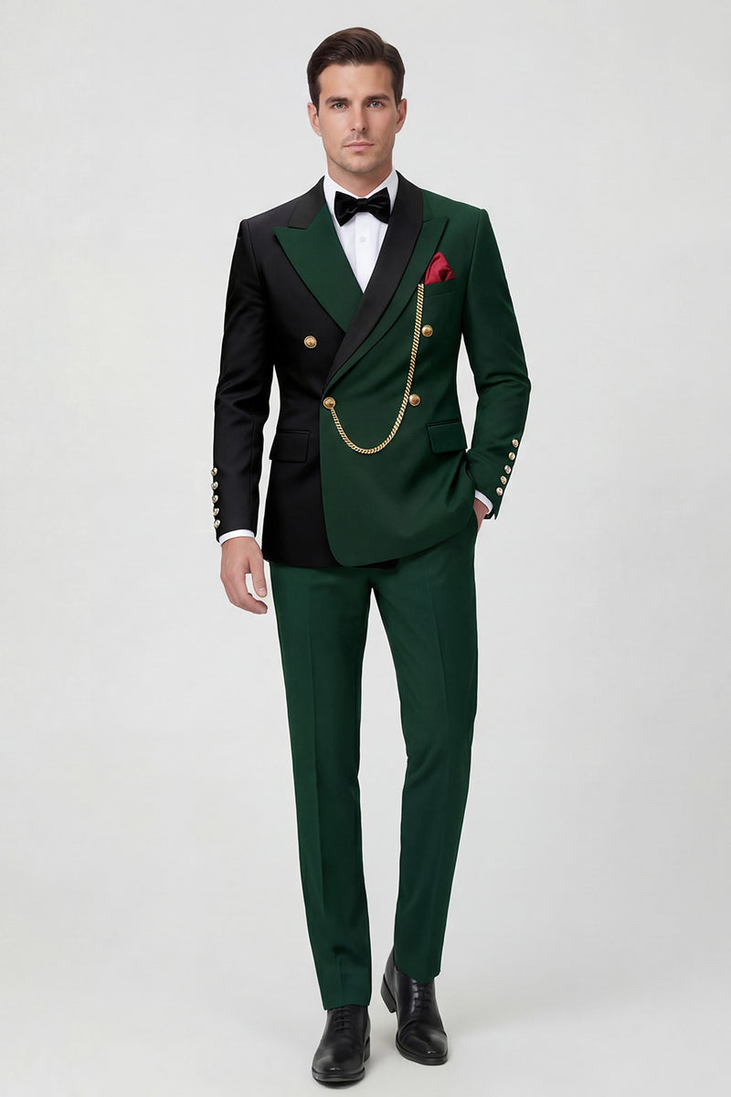 Load image into Gallery viewer, 2 Piece Dark Green Peak Lapel Men Prom Suits with Gold Chain