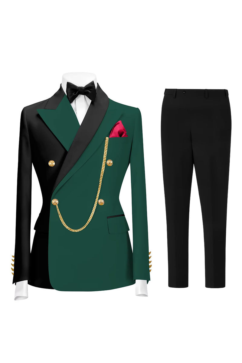 Load image into Gallery viewer, 2 Piece Dark Green Peak Lapel Men Prom Suits with Gold Chain
