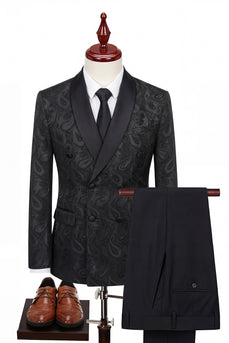 Jacquard Black 2 Piece Double Breasted Men Prom Suits with Pockets