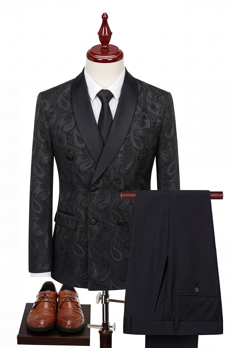 Load image into Gallery viewer, Jacquard Black 2 Piece Double Breasted Men Prom Suits with Pockets