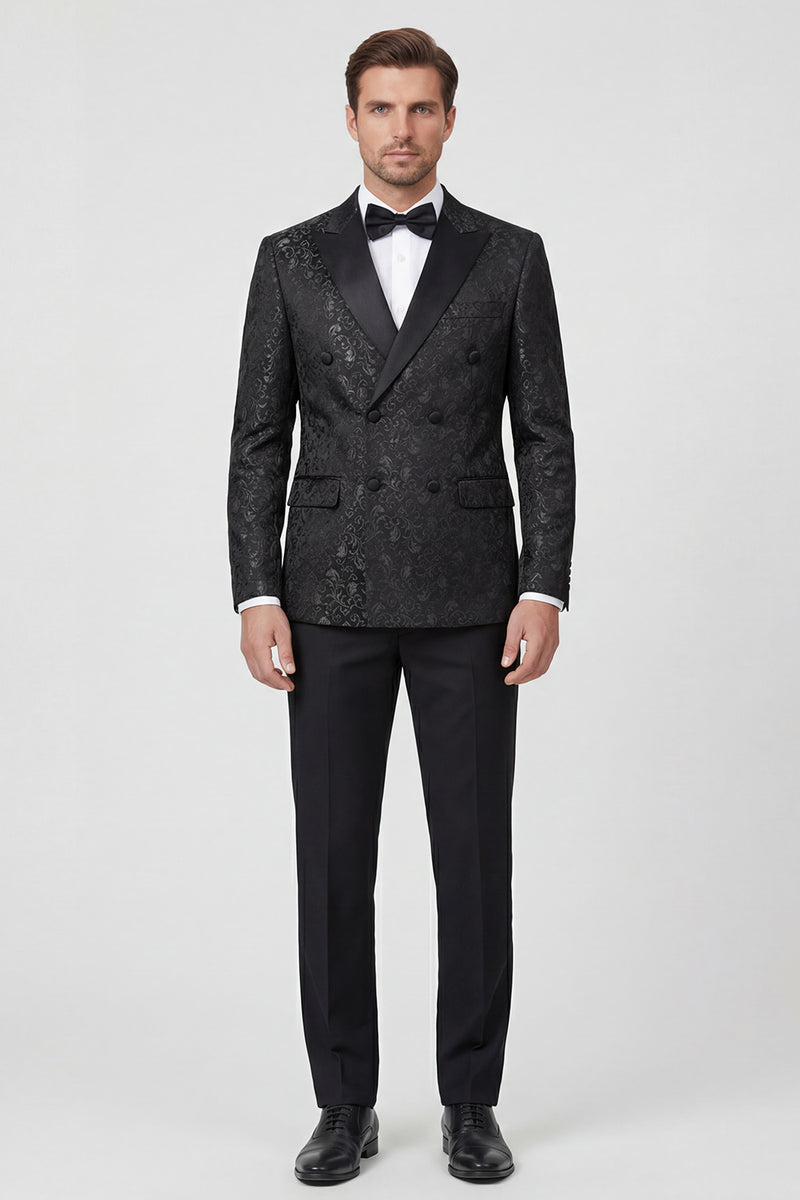 Load image into Gallery viewer, Black 2 Piece Peak Lapel Jacquard Men Prom Suits with Buttons