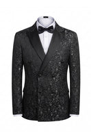 Load image into Gallery viewer, Black 2 Piece Peak Lapel Jacquard Men Prom Suits with Buttons