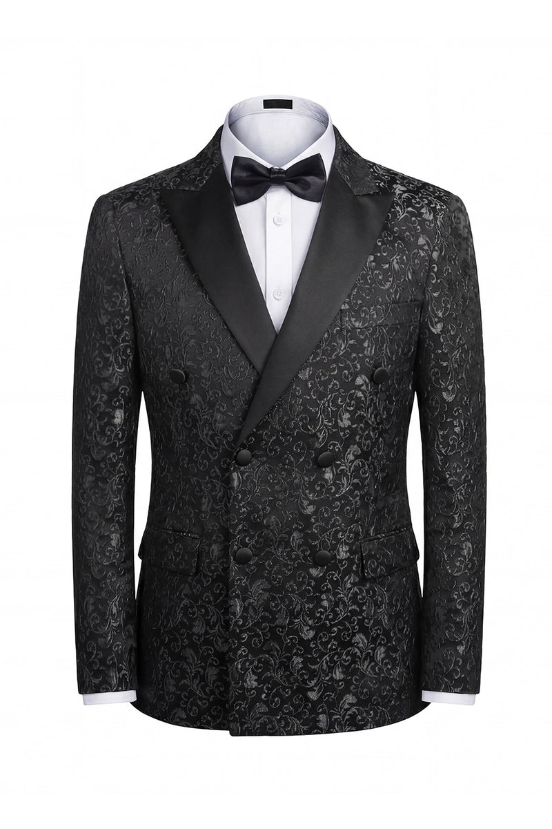 Load image into Gallery viewer, Black 2 Piece Peak Lapel Jacquard Men Prom Suits with Buttons