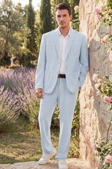 Men Notched Lapel Single Breasted 2 Piece Light Blue Prom Suits with Pockets