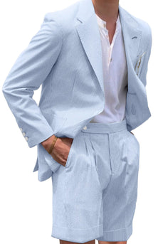 Casual Light Blue Men Notched Lapel 2 Piece Short Party Suits with Pockets