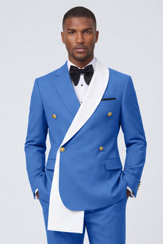 Notched Lapel Blue 2 Piece Double Breasted Men Prom Suits with Pockets