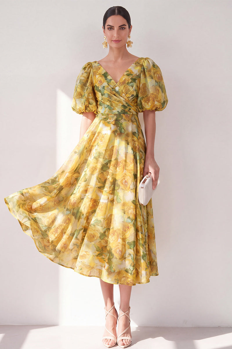 Load image into Gallery viewer, V-Neck Floral Ruched Butter Yellow A Line Maxi Beach Wedding Guest Dress