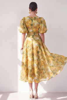 V-Neck Floral Ruched Butter Yellow A Line Maxi Beach Wedding Guest Dress