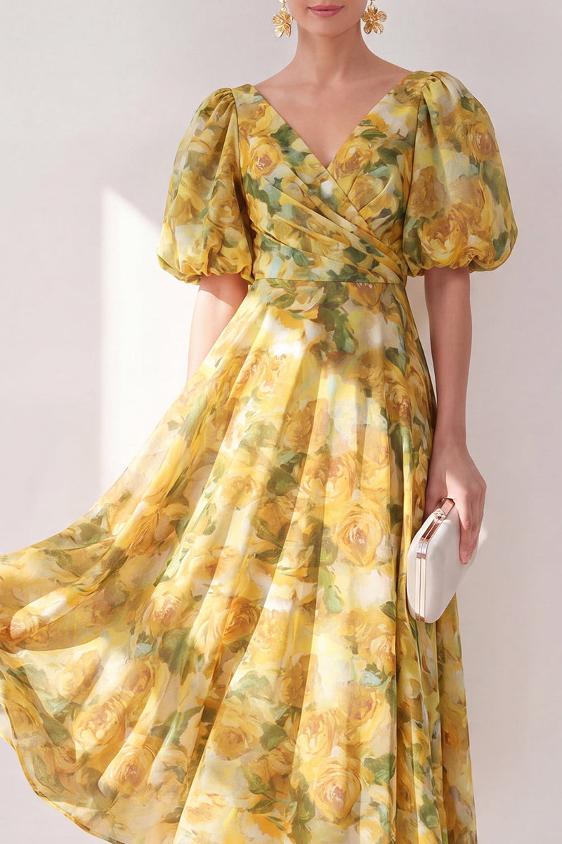 Load image into Gallery viewer, V-Neck Floral Ruched Butter Yellow A Line Maxi Beach Wedding Guest Dress