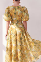 Load image into Gallery viewer, V-Neck Floral Ruched Butter Yellow A Line Maxi Beach Wedding Guest Dress