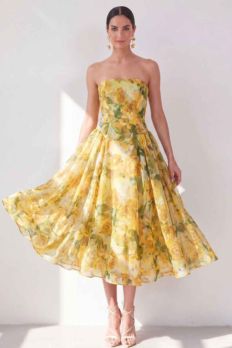 Load image into Gallery viewer, Floral Butter Yellow Strapless A Line Maxi Beach Wedding Guest Dress