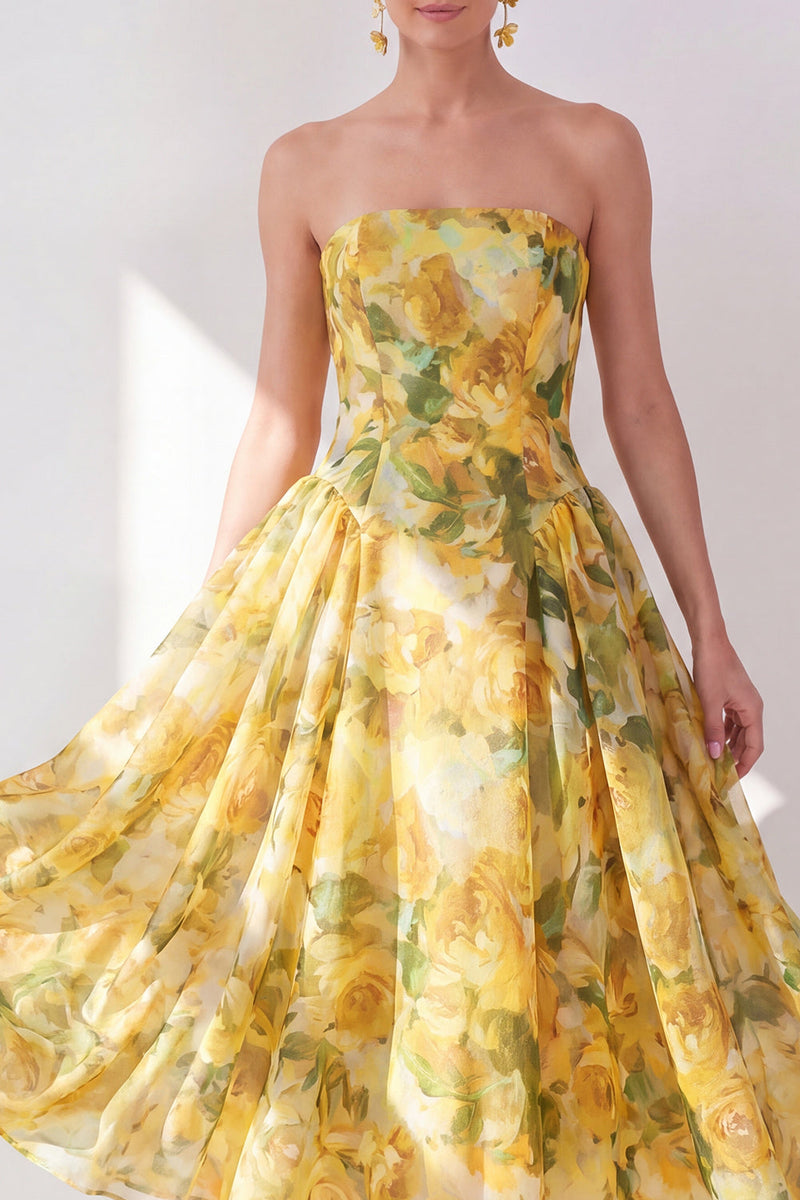 Load image into Gallery viewer, Floral Butter Yellow Strapless A Line Maxi Beach Wedding Guest Dress