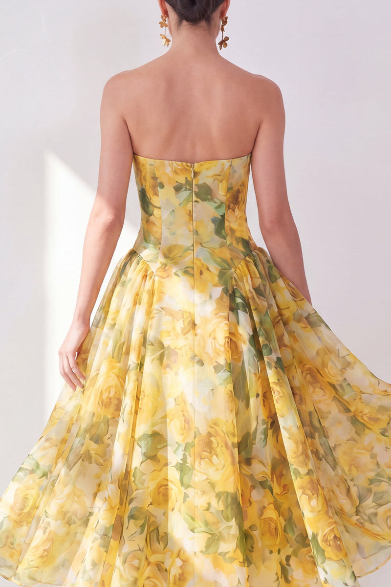Queendancer Women Butter Yellow Maxi Floral Beach Wedding Guest Dress A  Line Strapless Summer Dress – queendanceruk