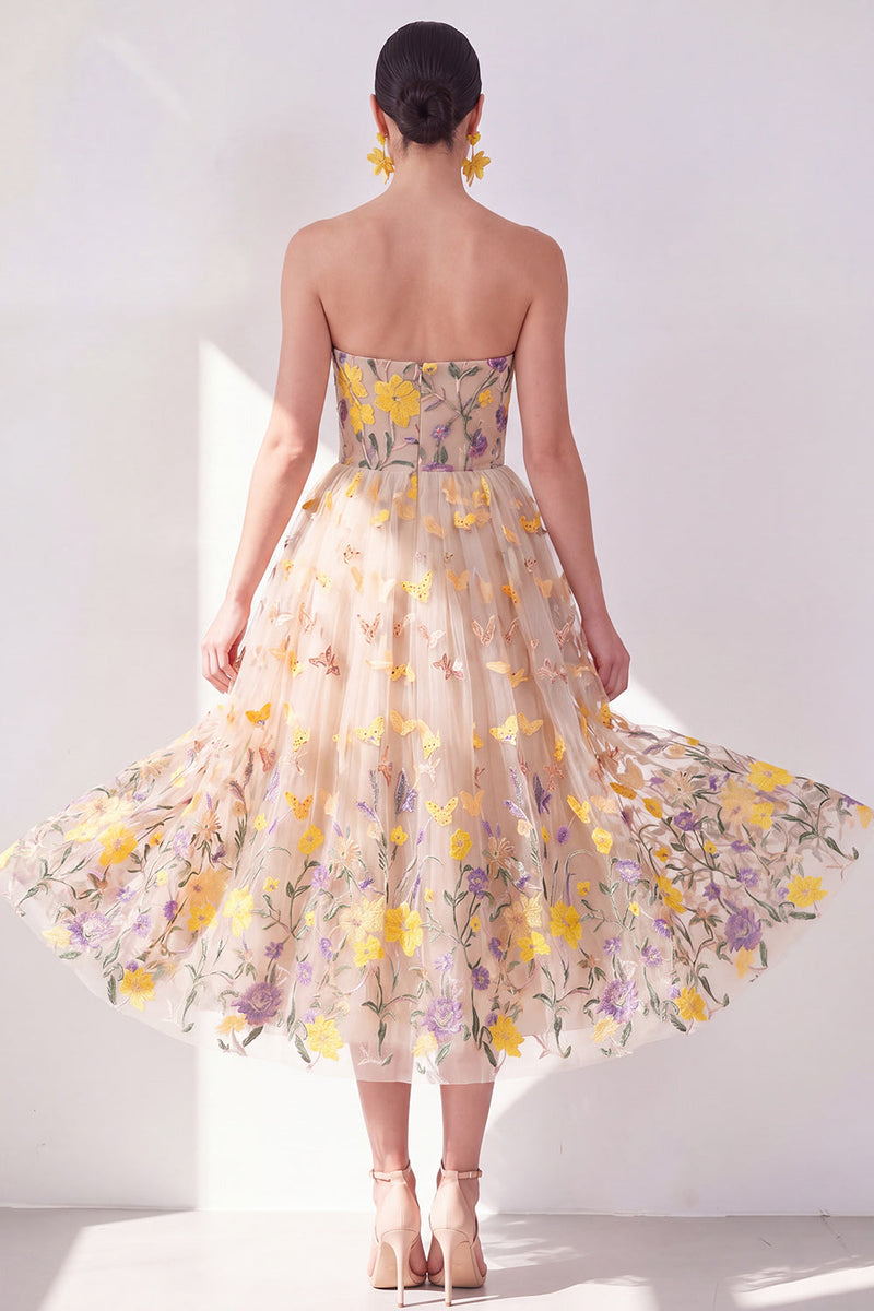 Load image into Gallery viewer, Floral Apricot Strapless A Line Maxi Wedding Guest Dress