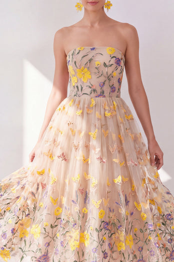 velvet forest green bridesmaid dress Queendancer Women Apricot Tulle Floral Maxi Wedding Guest Dress A Line  Strapless Formal Dress – queendanceruk
