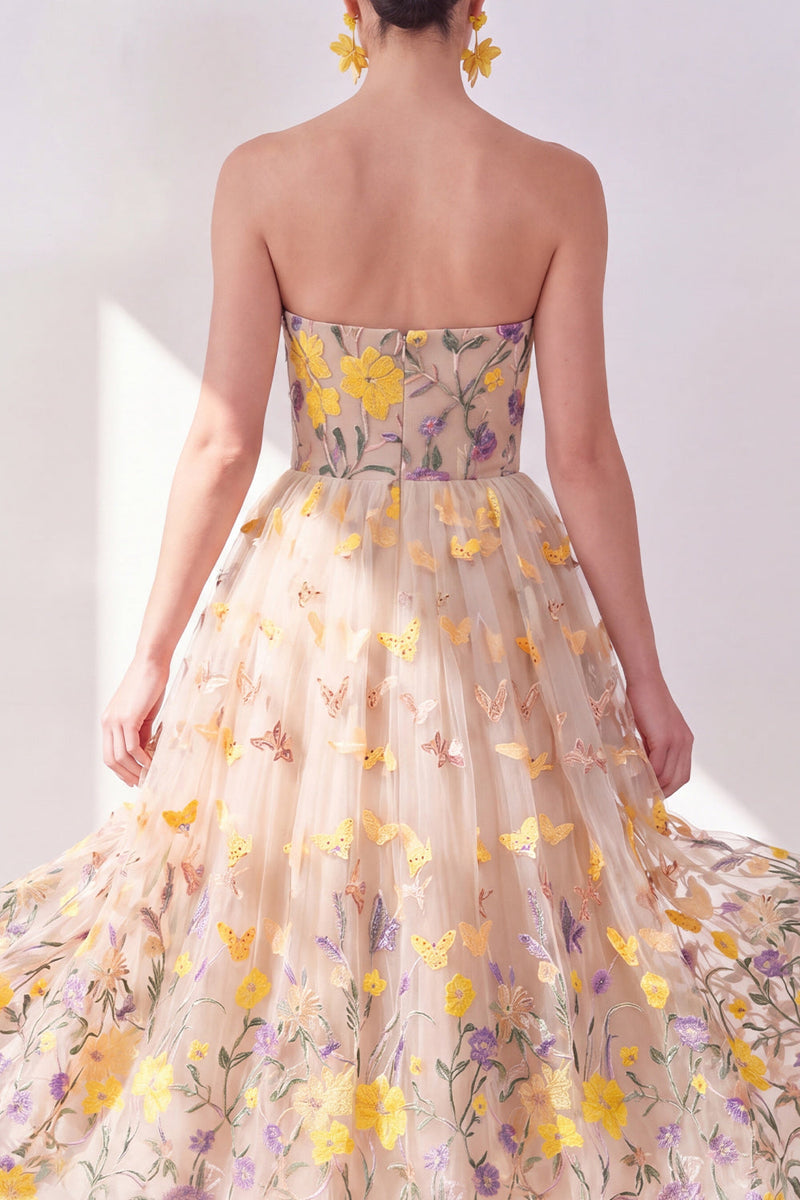 Load image into Gallery viewer, Floral Apricot Strapless A Line Maxi Wedding Guest Dress