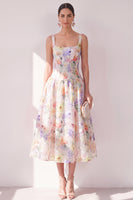 Load image into Gallery viewer, White Purple Flower A Line Maxi Beach Corset Wedding Guest Dress