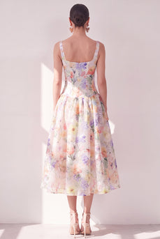 White Purple Flower A Line Maxi Beach Corset Wedding Guest Dress