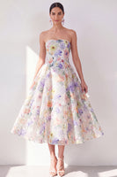 Load image into Gallery viewer, White Purple Flower A Line Strapless Maxi Beach Wedding Guest Dress