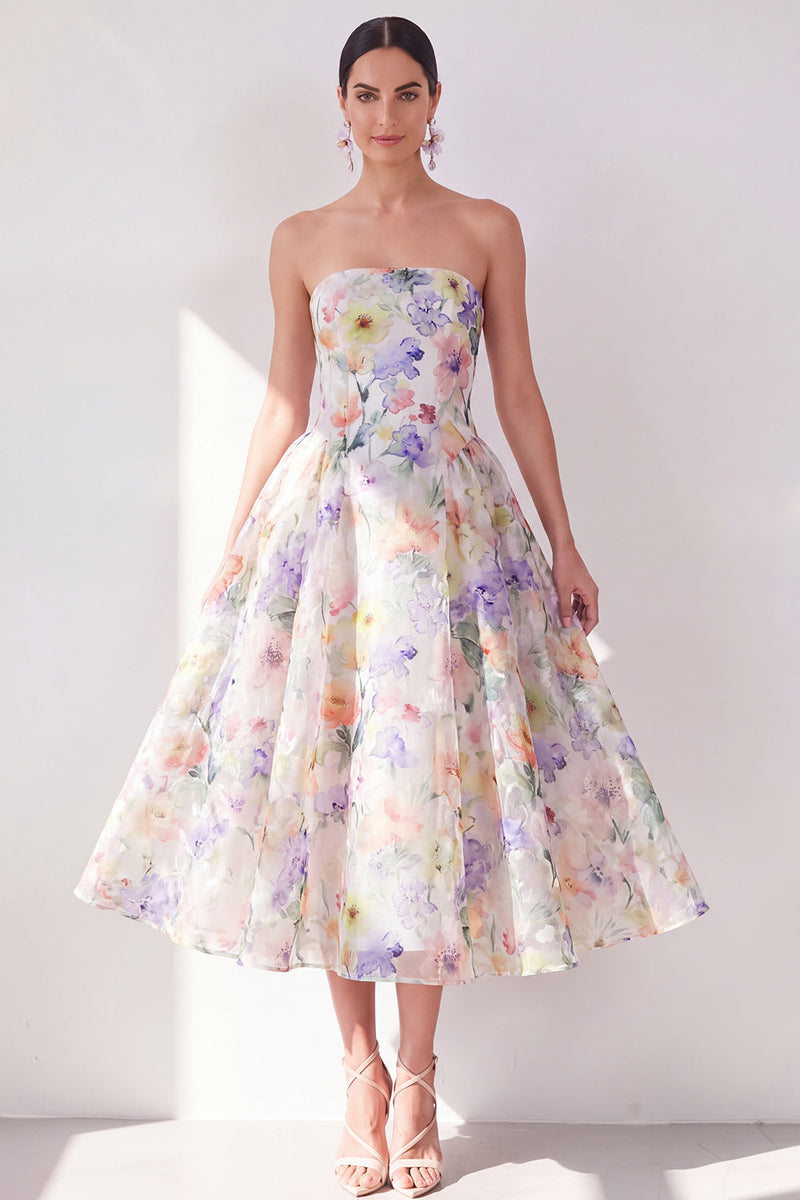 Load image into Gallery viewer, White Purple Flower A Line Strapless Maxi Beach Wedding Guest Dress