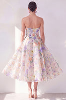 Load image into Gallery viewer, White Purple Flower A Line Strapless Maxi Beach Wedding Guest Dress