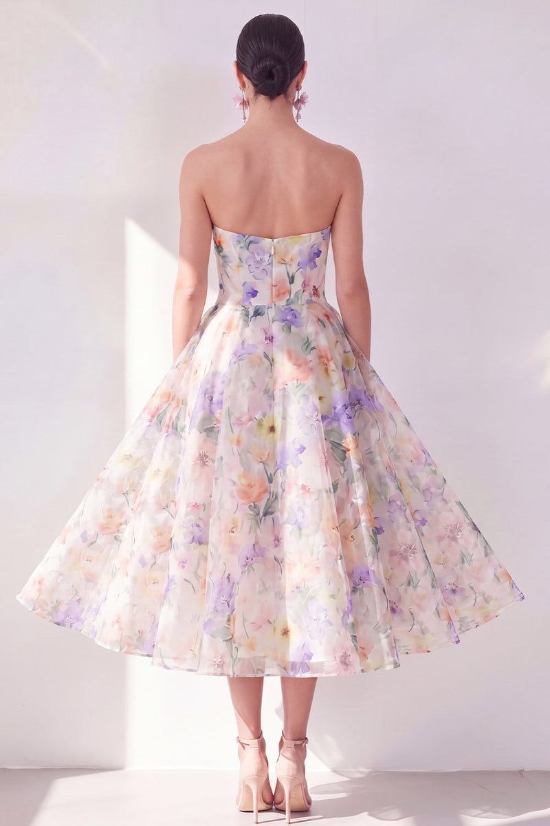 Load image into Gallery viewer, White Purple Flower A Line Strapless Maxi Beach Wedding Guest Dress
