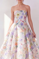 Load image into Gallery viewer, White Purple Flower A Line Strapless Maxi Beach Wedding Guest Dress