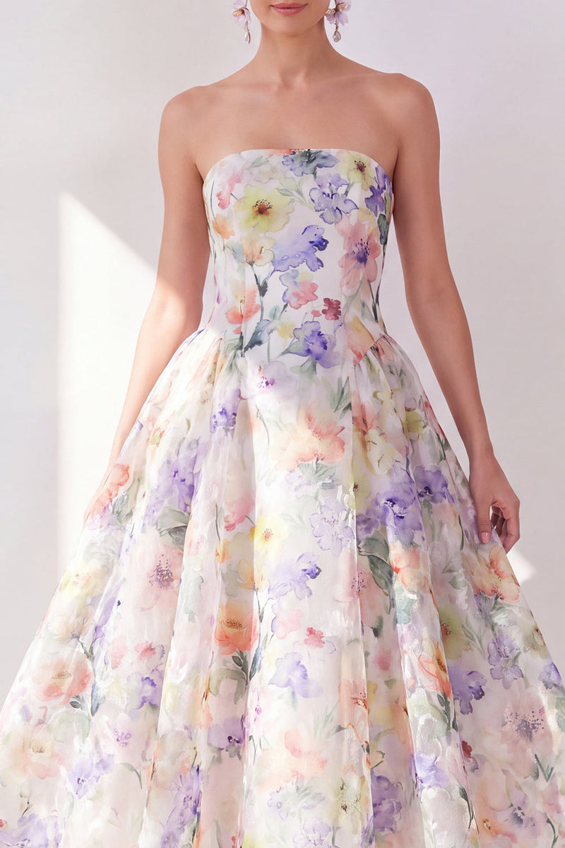 Load image into Gallery viewer, White Purple Flower A Line Strapless Maxi Beach Wedding Guest Dress