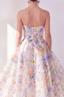 Load image into Gallery viewer, White Purple Flower A Line Strapless Maxi Beach Wedding Guest Dress