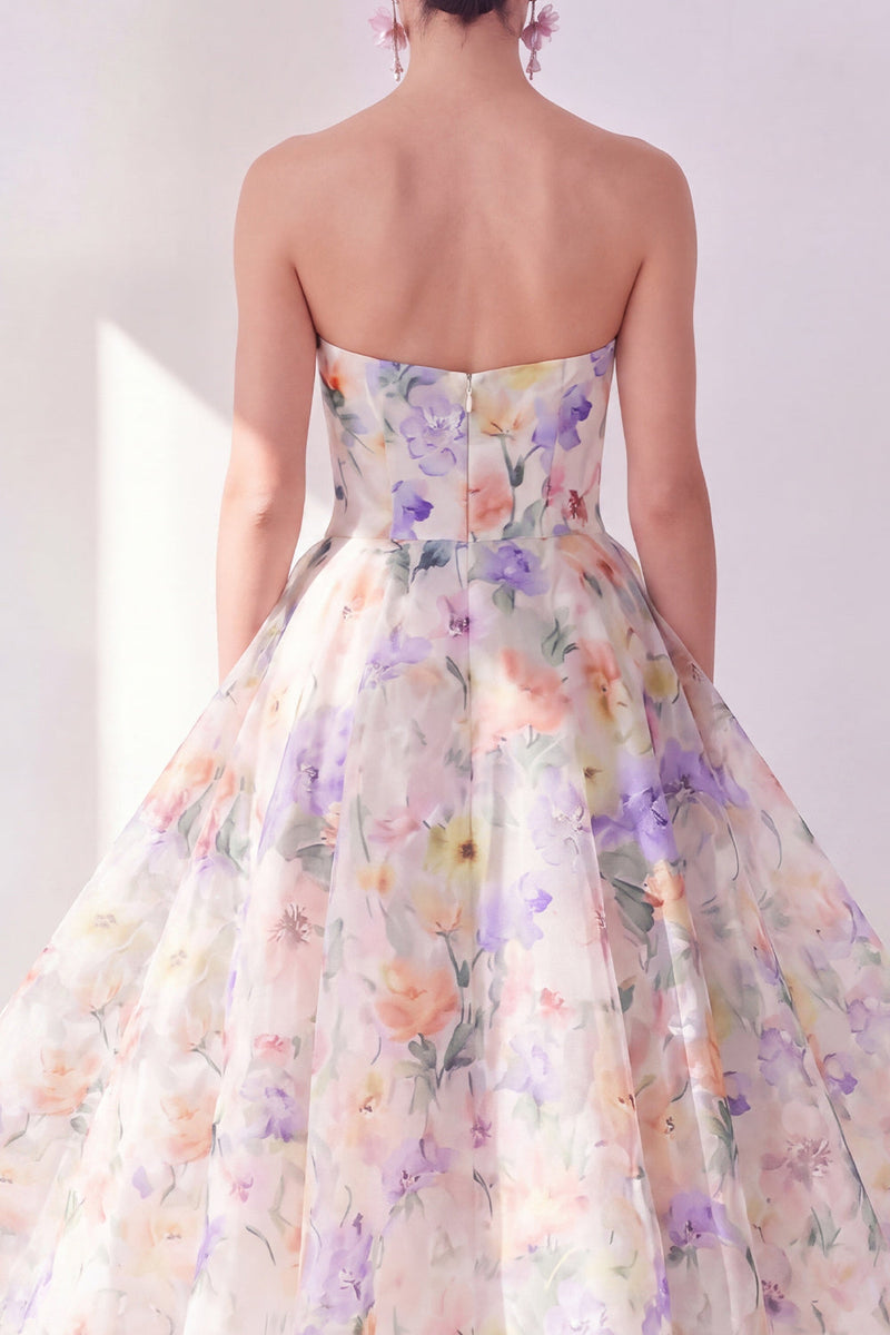 Load image into Gallery viewer, White Purple Flower A Line Strapless Maxi Beach Wedding Guest Dress