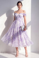 Load image into Gallery viewer, Lilac Off the Shoulder Floral Ruched A Line Maxi Beach Wedding Guest Dress