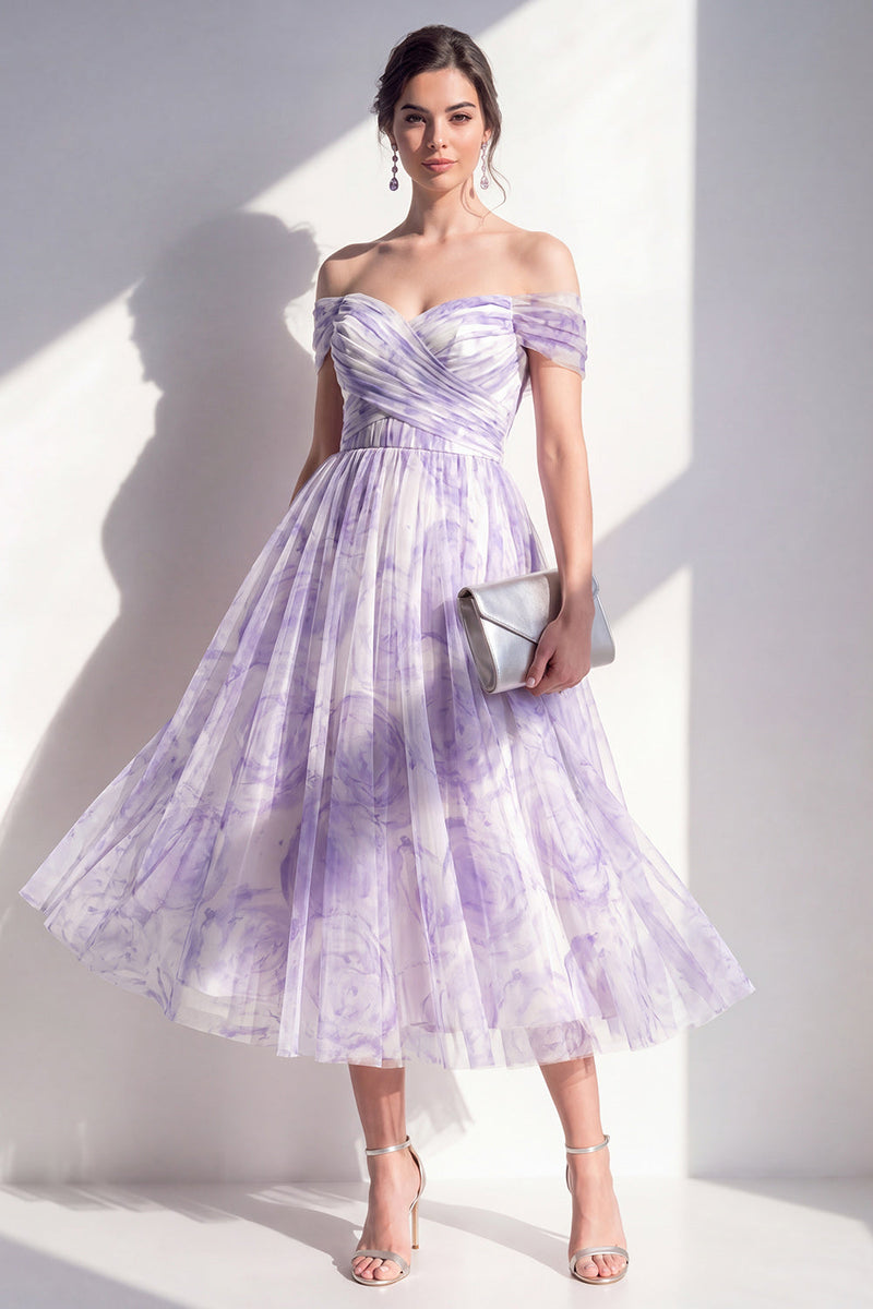 Load image into Gallery viewer, Lilac Off the Shoulder Floral Ruched A Line Maxi Beach Wedding Guest Dress