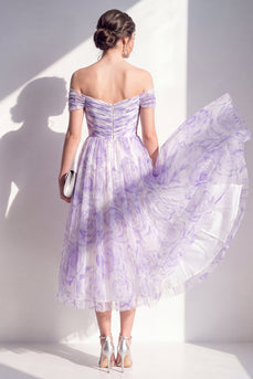 Lilac Off the Shoulder Floral Ruched A Line Maxi Beach Wedding Guest Dress
