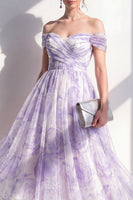 Load image into Gallery viewer, Lilac Off the Shoulder Floral Ruched A Line Maxi Beach Wedding Guest Dress