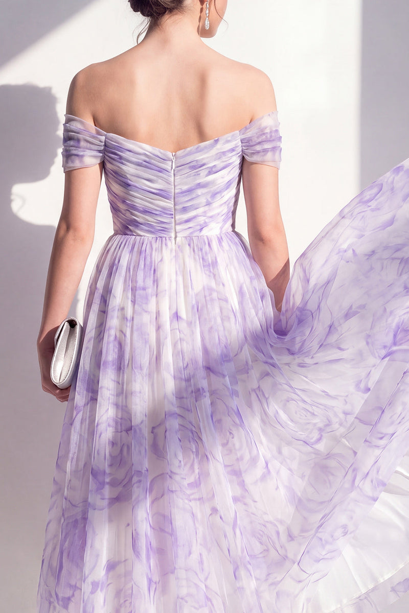 Load image into Gallery viewer, Lilac Off the Shoulder Floral Ruched A Line Maxi Beach Wedding Guest Dress