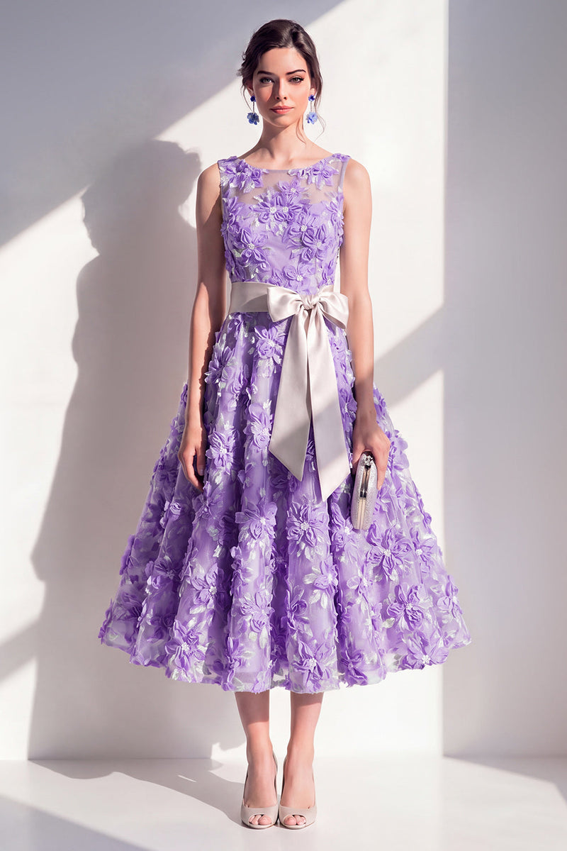 Load image into Gallery viewer, Floral Purple Boat Neck A Line Maxi Wedding Guest Dress with Bow