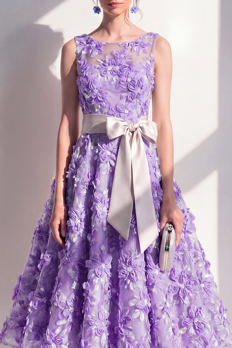 Load image into Gallery viewer, Floral Purple Boat Neck A Line Maxi Wedding Guest Dress with Bow