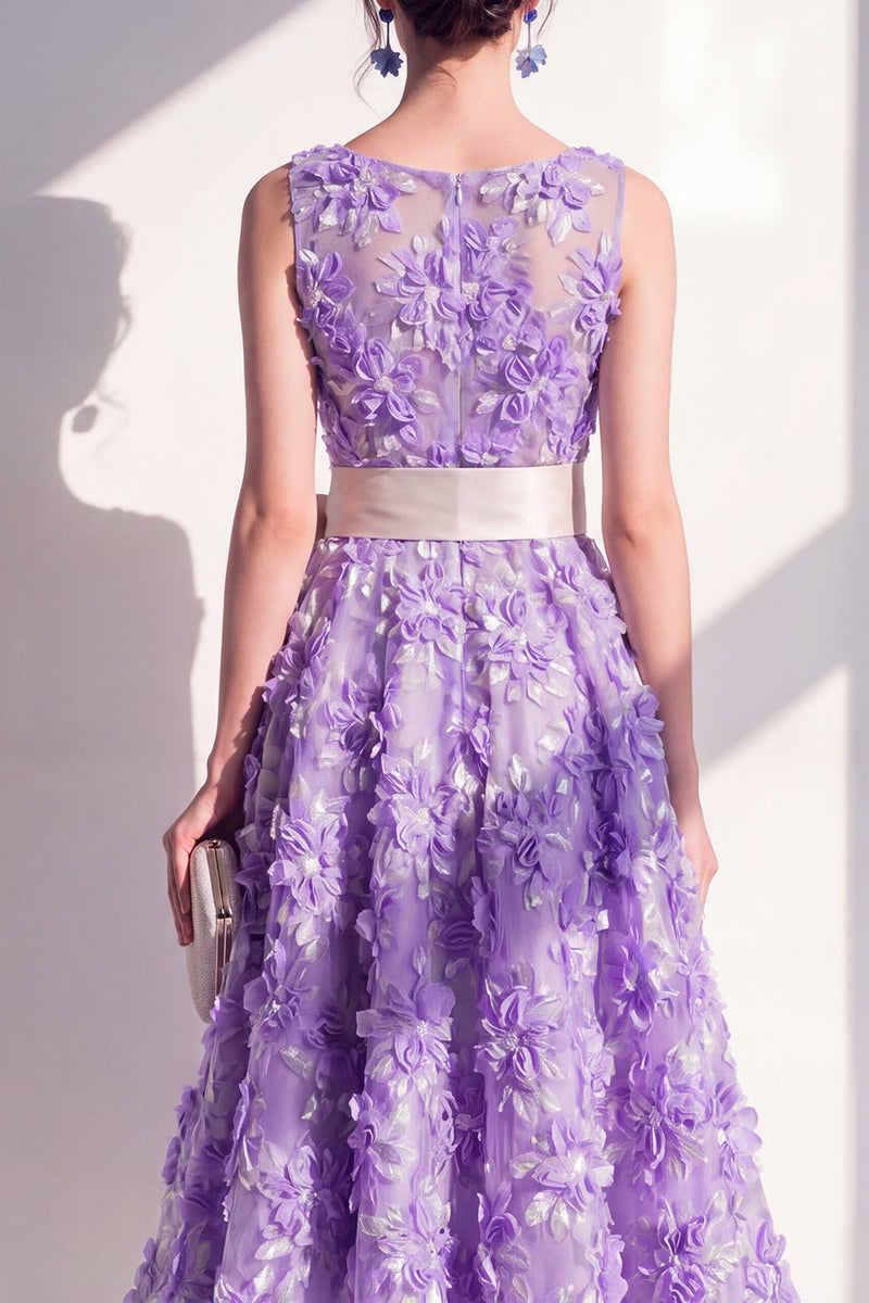 Load image into Gallery viewer, Floral Purple Boat Neck A Line Maxi Wedding Guest Dress with Bow