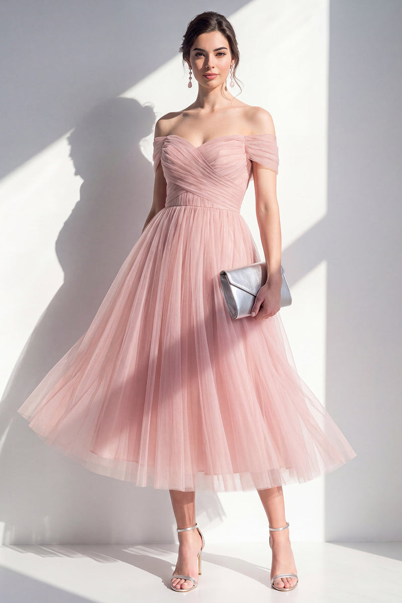 Load image into Gallery viewer, Blush Ruched Off the Shoulder A Line Maxi Wedding Guest Dress