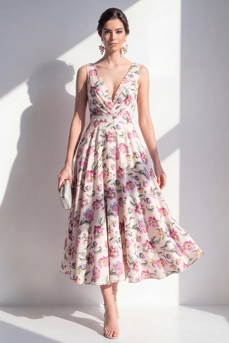 Load image into Gallery viewer, Blush V-Neck Ruched Floral A Line Maxi Beach Wedding Guest Dress