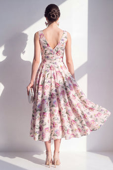 Blush V-Neck Ruched Floral A Line Maxi Beach Wedding Guest Dress