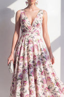 Load image into Gallery viewer, Blush V-Neck Ruched Floral A Line Maxi Beach Wedding Guest Dress