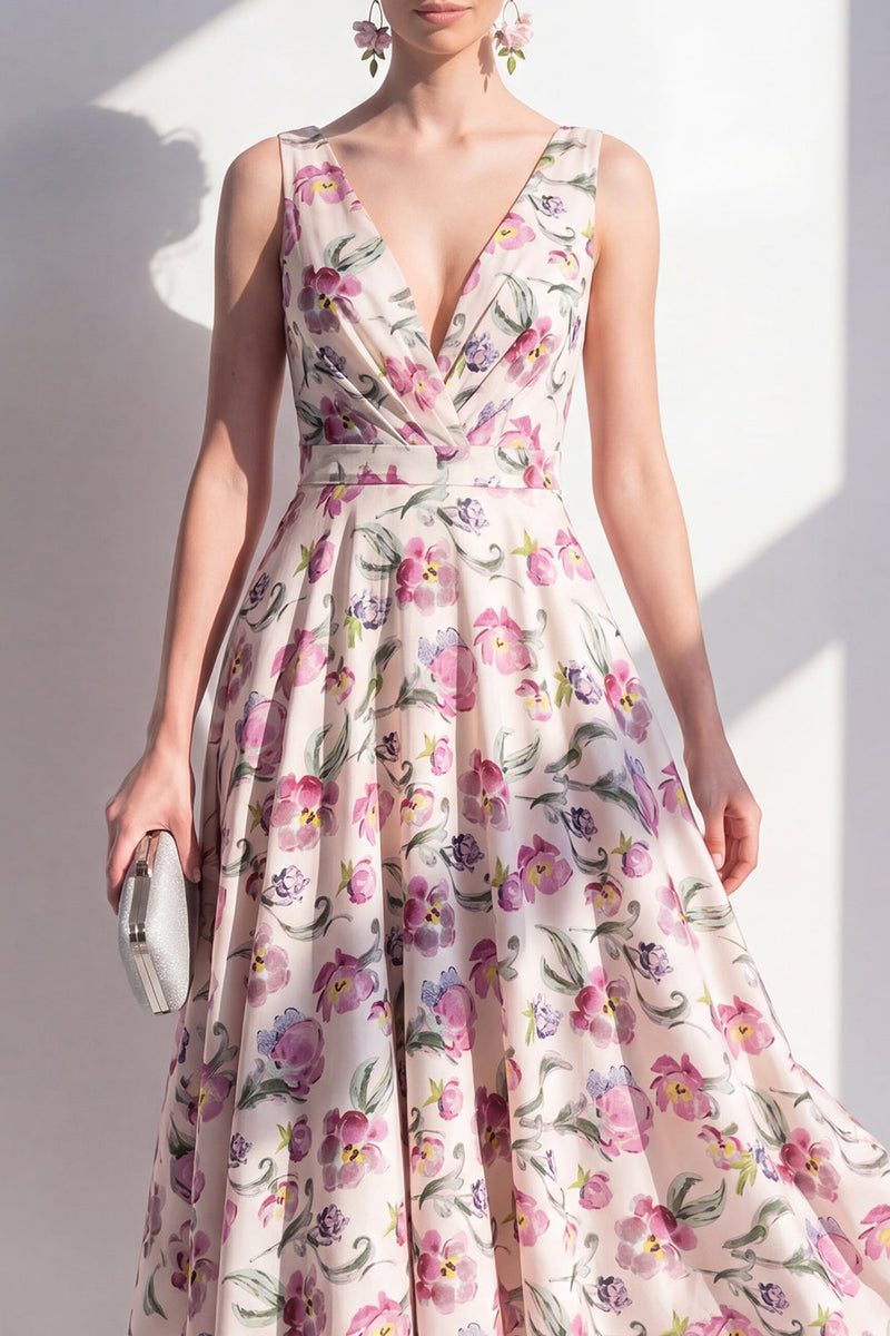 Load image into Gallery viewer, Blush V-Neck Ruched Floral A Line Maxi Beach Wedding Guest Dress