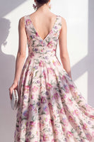 Load image into Gallery viewer, Blush V-Neck Ruched Floral A Line Maxi Beach Wedding Guest Dress