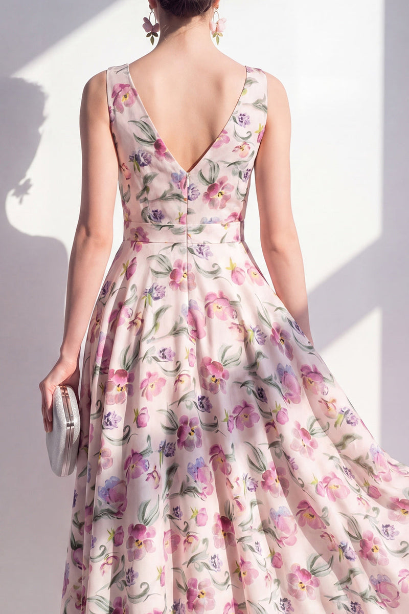 Load image into Gallery viewer, Blush V-Neck Ruched Floral A Line Maxi Beach Wedding Guest Dress