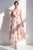 Load image into Gallery viewer, Blush A Line Floral V-Neck Ruched Maxi Beach Wedding Guest Dress