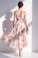 Load image into Gallery viewer, Blush A Line Floral V-Neck Ruched Maxi Beach Wedding Guest Dress