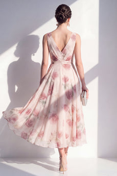 Blush A Line Floral V-Neck Ruched Maxi Beach Wedding Guest Dress