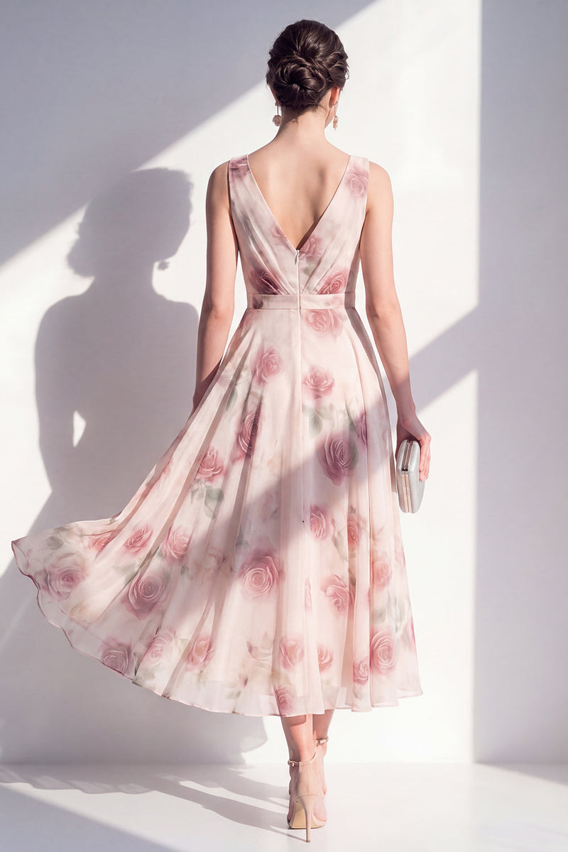 Load image into Gallery viewer, Blush A Line Floral V-Neck Ruched Maxi Beach Wedding Guest Dress